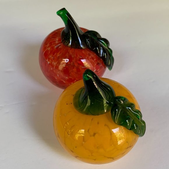 2 Hand Blown Glass Fruit Apple Orange Pumpkin Red Orange Murano -like Art - Picture 8 of 14